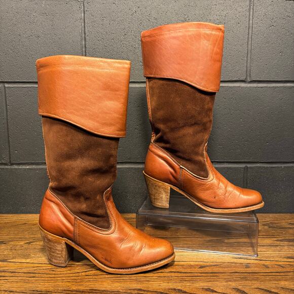 Vintage 70s Dexter Brown Leather Stacked Heel Pull On Boots Size 7.5 Made In USA - Picture 1 of 12